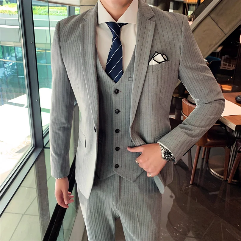 Color: green, Size: XL - Gray Men Classic Striped/Checked Suits, Business Office 3 Piece, Asian Size Slim Fit Men Dress Jacket & Pants with Vest, S-4XL