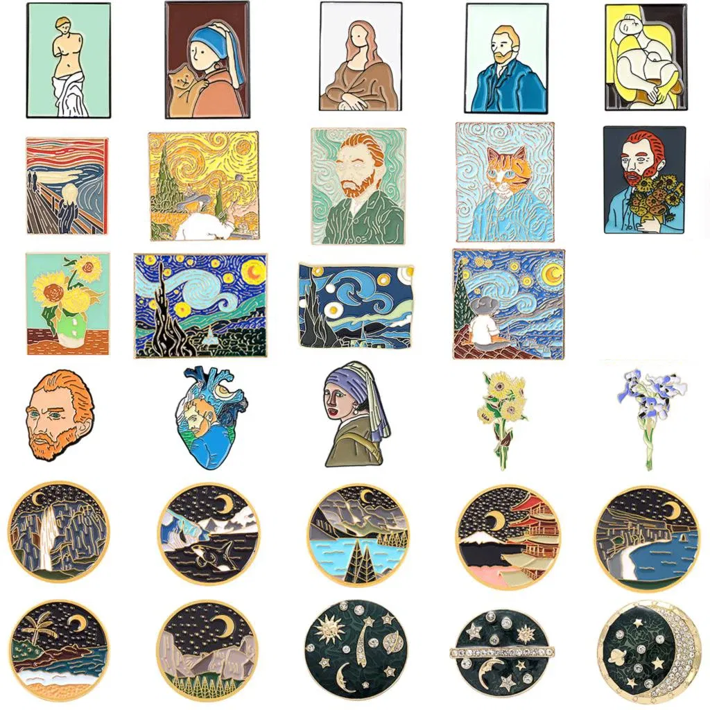 Metal color: Gold-color - Van Gogh Oil Painting Brooch Van Gogh Brooch Galaxy Brooch Star Moon Sunflower Brooch Art Brooch Van Gogh Lapel Pin