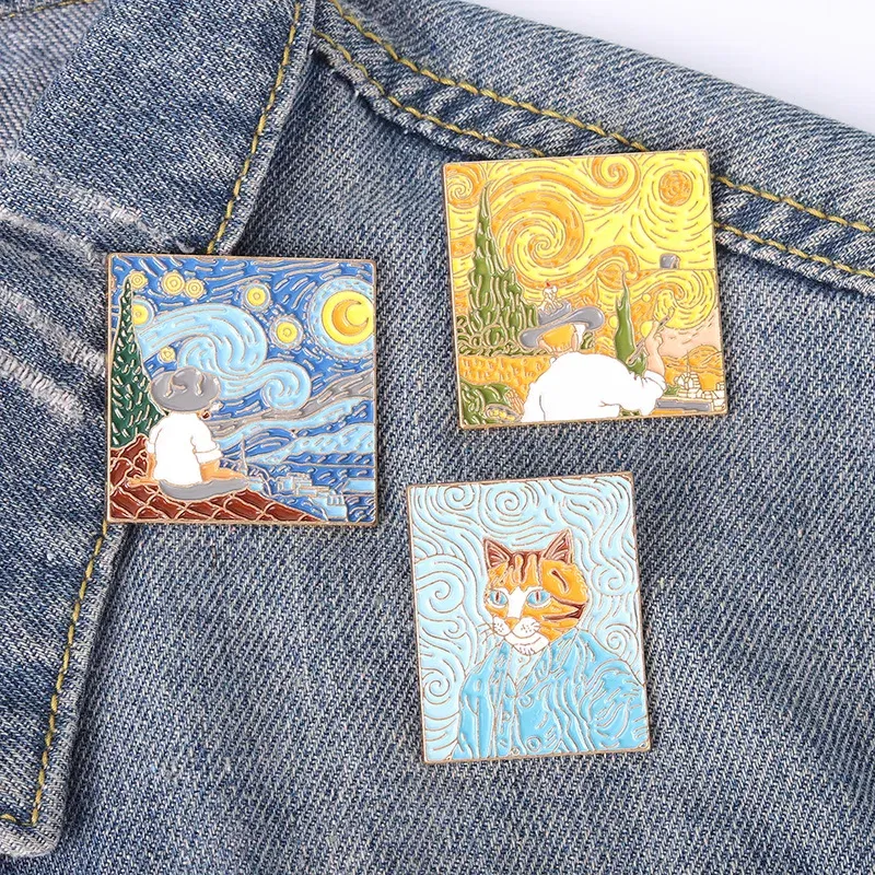 Metal color: Gold-color - Van Gogh Oil Painting Brooch Van Gogh Brooch Galaxy Brooch Star Moon Sunflower Brooch Art Brooch Van Gogh Lapel Pin