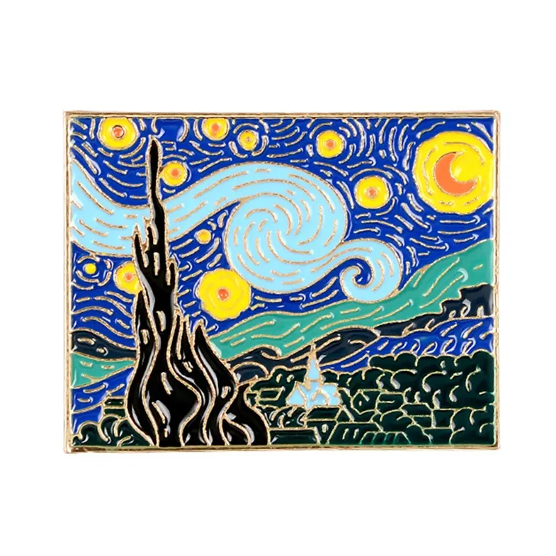 Metal color: Gold-color - Van Gogh Oil Painting Brooch Van Gogh Brooch Galaxy Brooch Star Moon Sunflower Brooch Art Brooch Van Gogh Lapel Pin