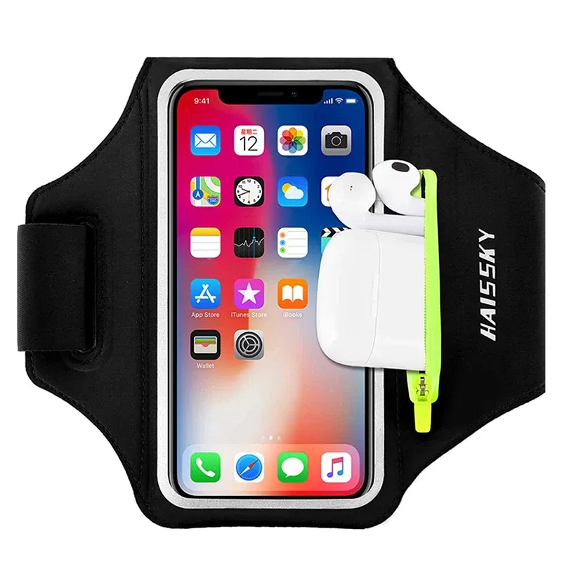 Color: Silver - HAISSKY Running Sport Armbands For iPhone 15 14 13 12 11 Pro Max 14 Plus Samsung S23 Ultra Zipper Arm Bag Case For AirPods Pro 3