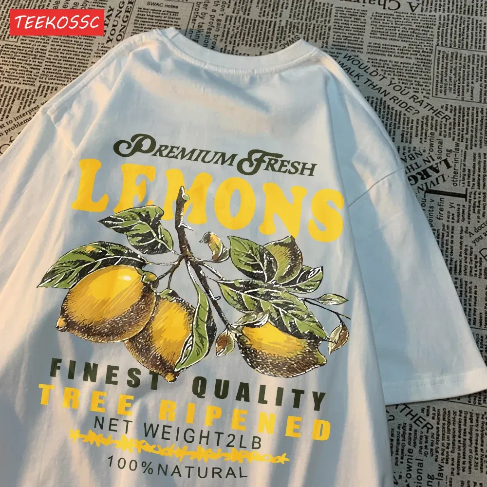 Color: Rose Red, Size: L - Summer Lemon Cherries Prints T-Shirts Cotton Women's Tops Oversize O-Neck Soft Short Sleeve tees Street Casual Womans Clothes