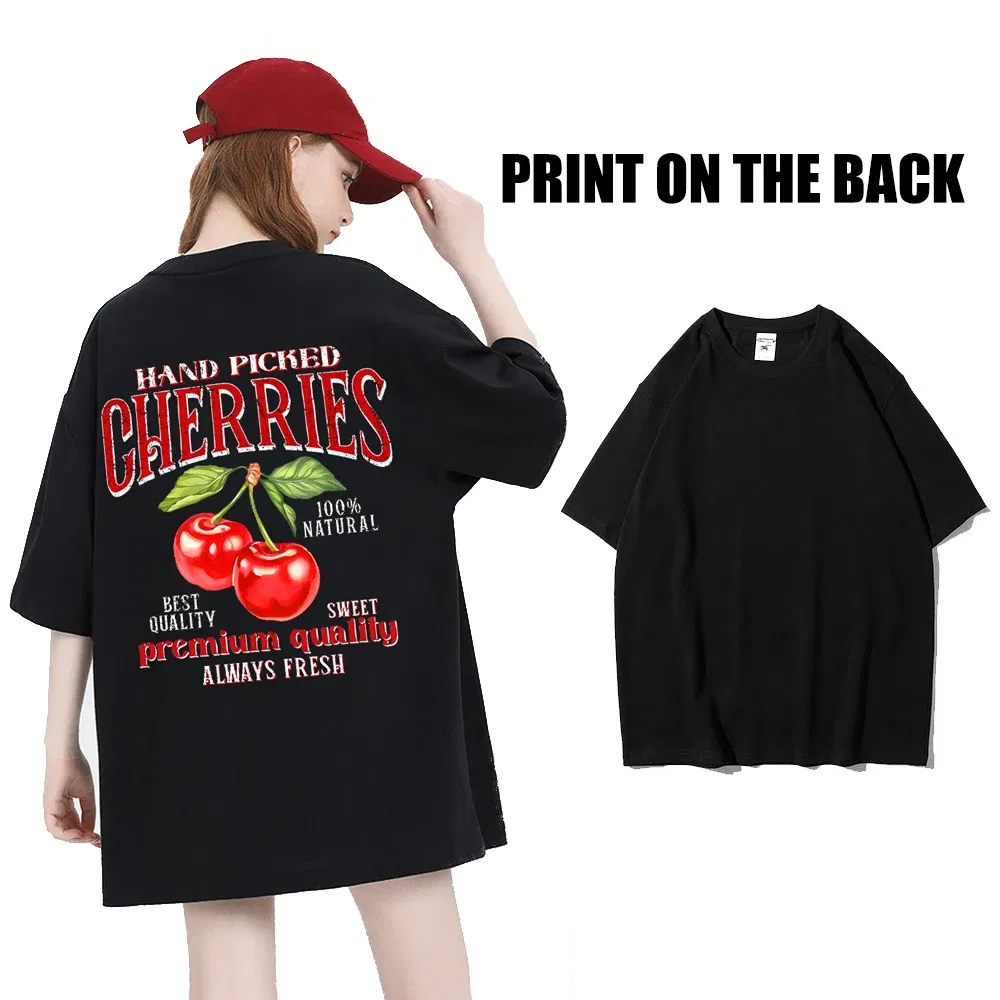 Color: Rose Red, Size: L - Summer Lemon Cherries Prints T-Shirts Cotton Women's Tops Oversize O-Neck Soft Short Sleeve tees Street Casual Womans Clothes