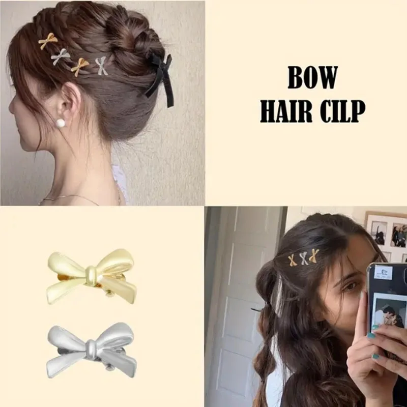 Color: Silver - 6PCS Fashion Small Shiny Bow Tie Hair Claw Clip Set For Women Girls Mini Crab Hair Clamps Barrettes Hair Headwear Accesories