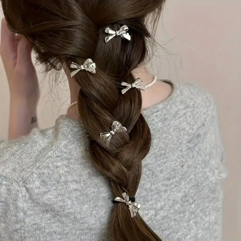 Color: Silver - 6PCS Fashion Small Shiny Bow Tie Hair Claw Clip Set For Women Girls Mini Crab Hair Clamps Barrettes Hair Headwear Accesories