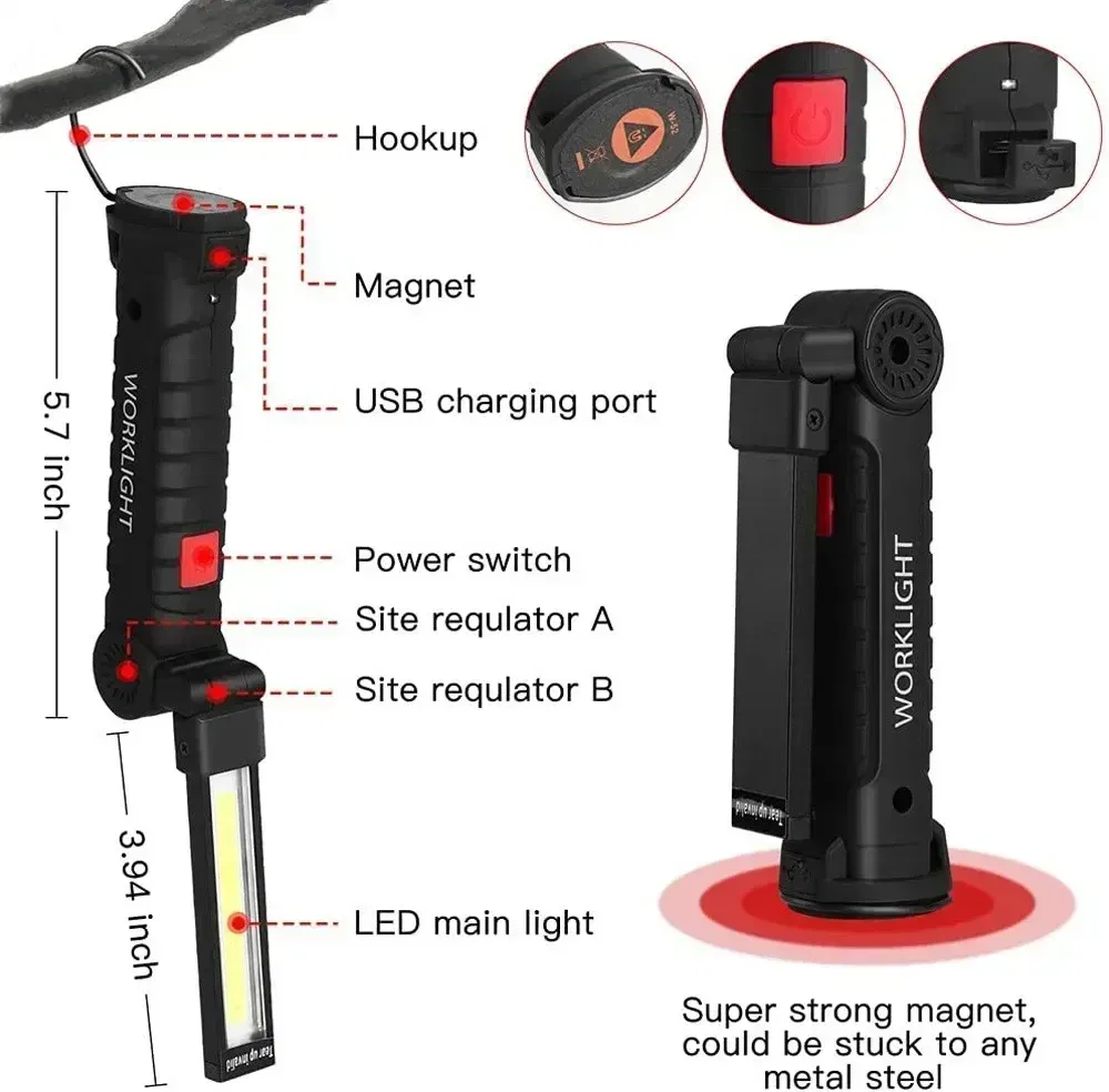 Emitting Color: Natural White - COB LED Work Light Dimmable USB Rechargeable LED Flashlight Inspection Lamp With Magnetic Hook Power Bank 18650 Battery Torch
