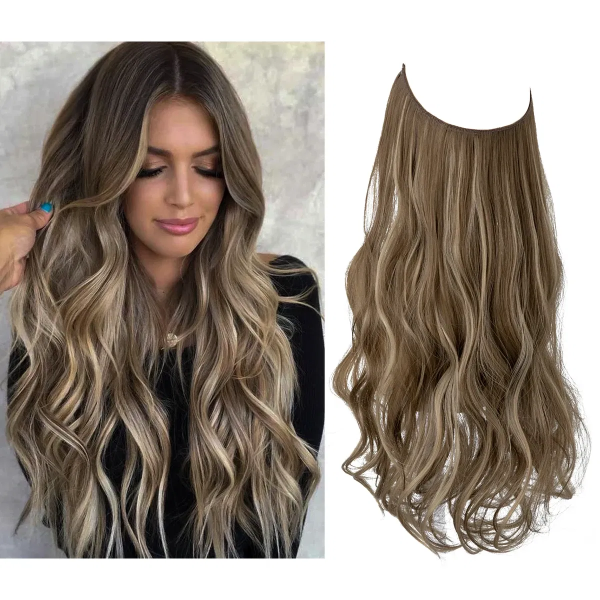 Color: P2/613, Stretched Length: 18inches - Synthetic No Clip Wave Hair Extensions Ombre Natural Black Blonde Pink One Piece False Hairpiece Fish Line Fake Hair Piece