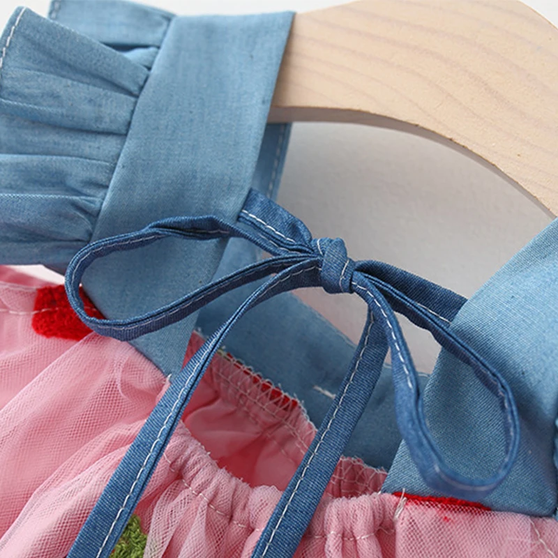 Color: Pink, Kid Size: 9M - Summer girl dress baby girl small flying sleeves denim top with patchwork strawberry embroidery mesh suspender princess dress