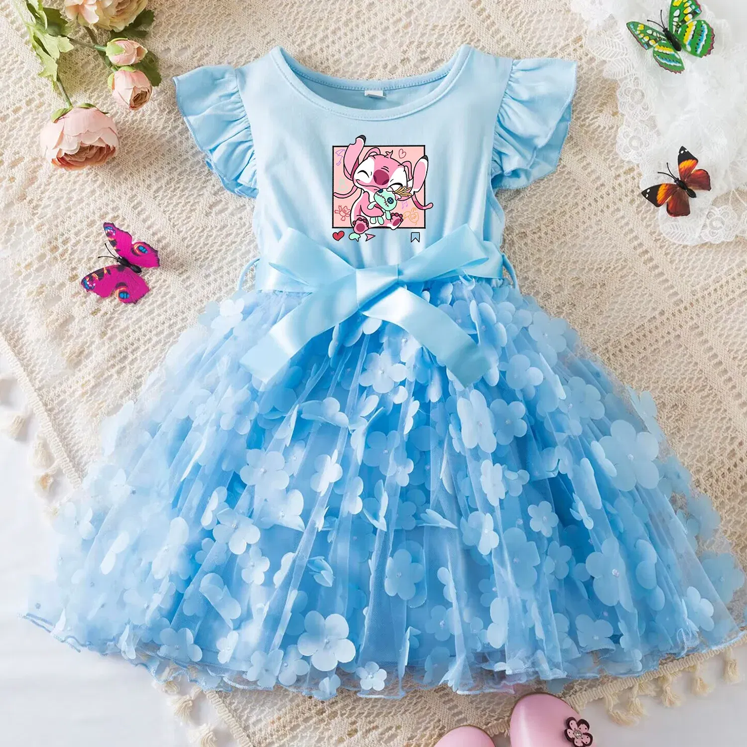 Color: Khaki, Size: XS - 3D Butterfly Cute Lilo Stitch Summer Dress for Kid's Casual Clothes Baby Girls Beautiful Princess Dress Party Dresses 2-6 Yrs