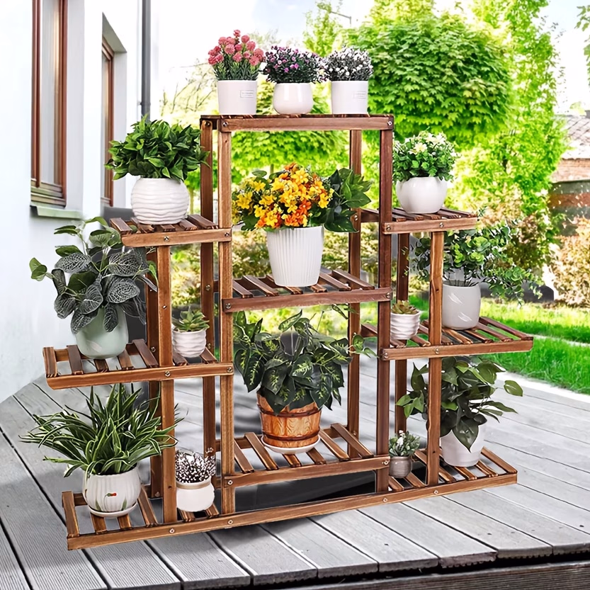 wisfor Outdoor Garden Corner Wood Stand – 9-Tier Flower Display Plant Rack for Living Room and Garden