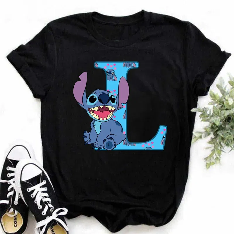 Color: Pink, Size: XL - Disney Lilo&Stitch A-Z Alphabet Summer Women's Printed T-Shirt Women's Casual Tops T-Shirt Fashion Cartoon Plus Size T-Shirt