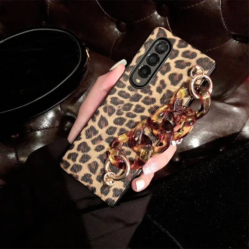 Color: Black, Material: Aluminum - Luxury Leopard Print PU Leather Phone Case For Samsung Galaxy ZFold 5 Z Fold 4 Z Fold 3 5G Cover with Wrist Strap for Woman Girl