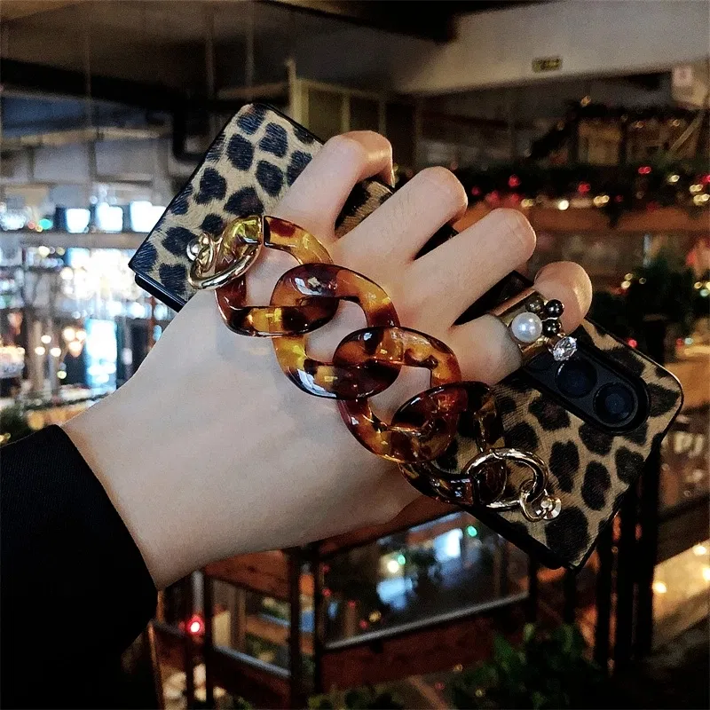 Color: Black, Material: Aluminum - Luxury Leopard Print PU Leather Phone Case For Samsung Galaxy ZFold 5 Z Fold 4 Z Fold 3 5G Cover with Wrist Strap for Woman Girl