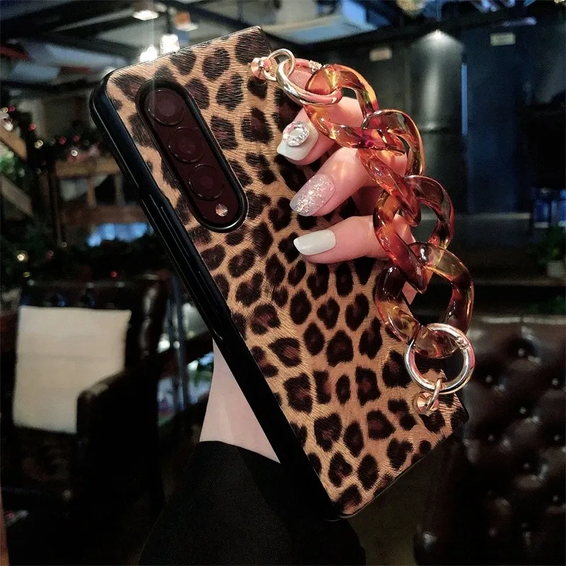 Color: Black, Material: Aluminum - Luxury Leopard Print PU Leather Phone Case For Samsung Galaxy ZFold 5 Z Fold 4 Z Fold 3 5G Cover with Wrist Strap for Woman Girl
