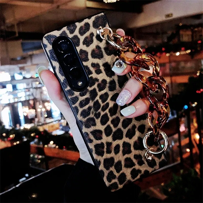 Color: Black, Material: Aluminum - Luxury Leopard Print PU Leather Phone Case For Samsung Galaxy ZFold 5 Z Fold 4 Z Fold 3 5G Cover with Wrist Strap for Woman Girl