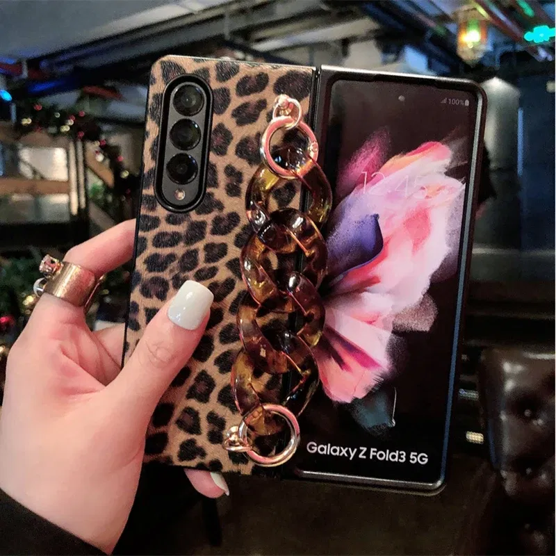 Color: Black, Material: Aluminum - Luxury Leopard Print PU Leather Phone Case For Samsung Galaxy ZFold 5 Z Fold 4 Z Fold 3 5G Cover with Wrist Strap for Woman Girl