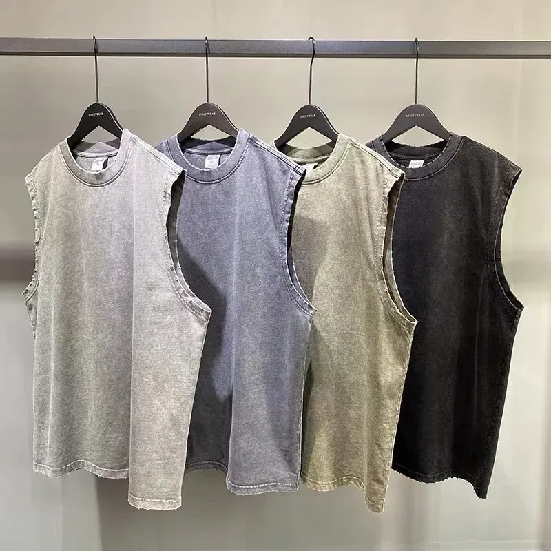 Color: Dark Grey, Size: XL - WASH vintage batik grinding edge Manly Vest Europe and the United States trend loose base