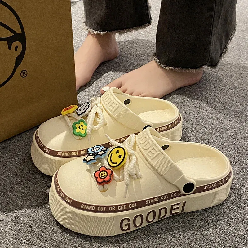 Color: Beige, Shoe Size: 20.5 - Women Sandals 2024 New Arrival Elegant Clogs Fashion Street Beach Slides Height Increasing Slippers For Girls