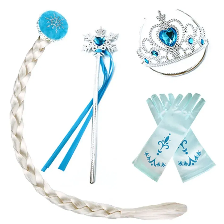 Color: Sky blue - Girls Princess Accessories Kids Party Costume Aurora Belle Sofia Snow Queen Elsa Anna Magic Wand Crown Tiara Gloves Wig Braid