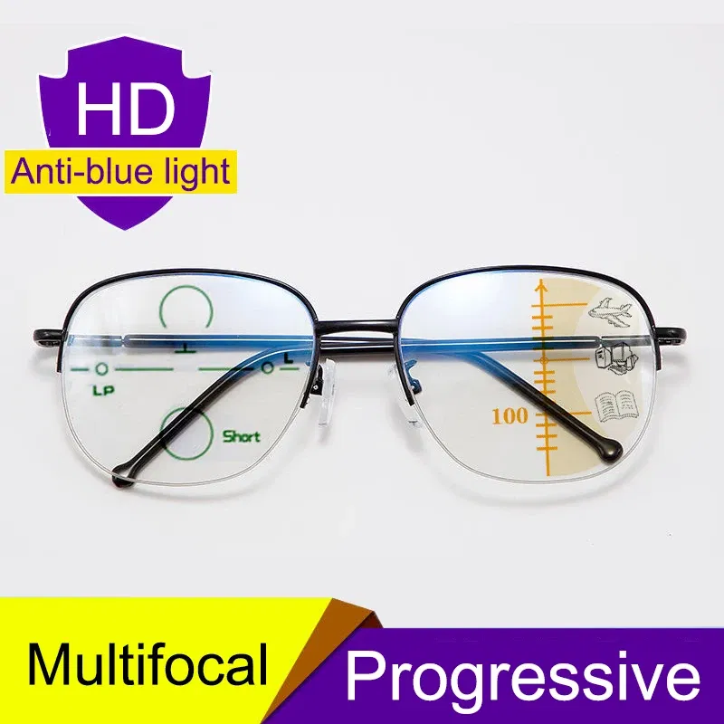 Frame Color: Gold, Eye Prescription: +100 - Smart zoom Multifocal Reading Glasses Men Women Progressive Anti Blue Ray UV Protect Hyperopia Glasses Half Frame Metal Titanium