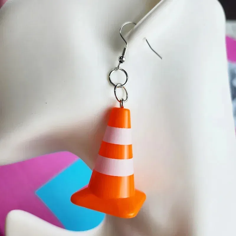 Metal Color: BROWN - Unique Orange Traffic Cone Safety Design Novel Earring Keychain - The Perfect Gift for A Friend!
