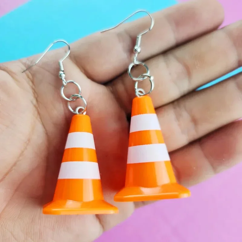 Metal Color: BROWN - Unique Orange Traffic Cone Safety Design Novel Earring Keychain - The Perfect Gift for A Friend!