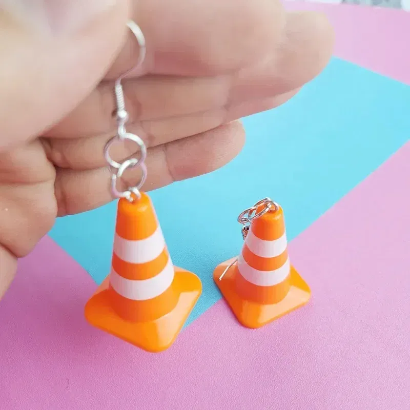 Metal Color: BROWN - Unique Orange Traffic Cone Safety Design Novel Earring Keychain - The Perfect Gift for A Friend!