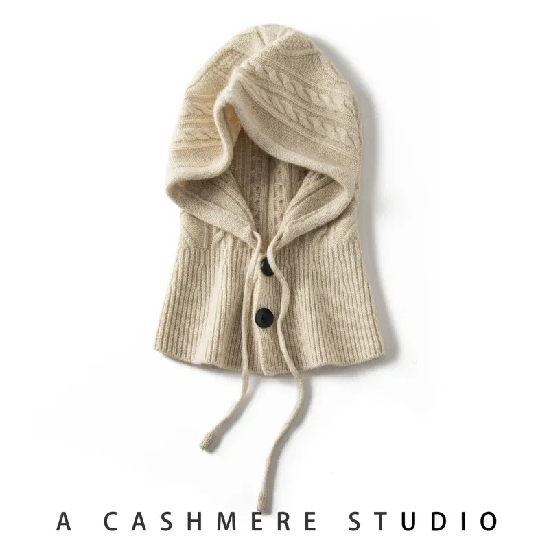 Color: camel, Size: One Size - 100%Quality Cashmere Balaclava Cap Women Warm Ring Scarf Beanie Hat Adjustable Elastic Windproof Hooded Neck Collar Knitted Hat