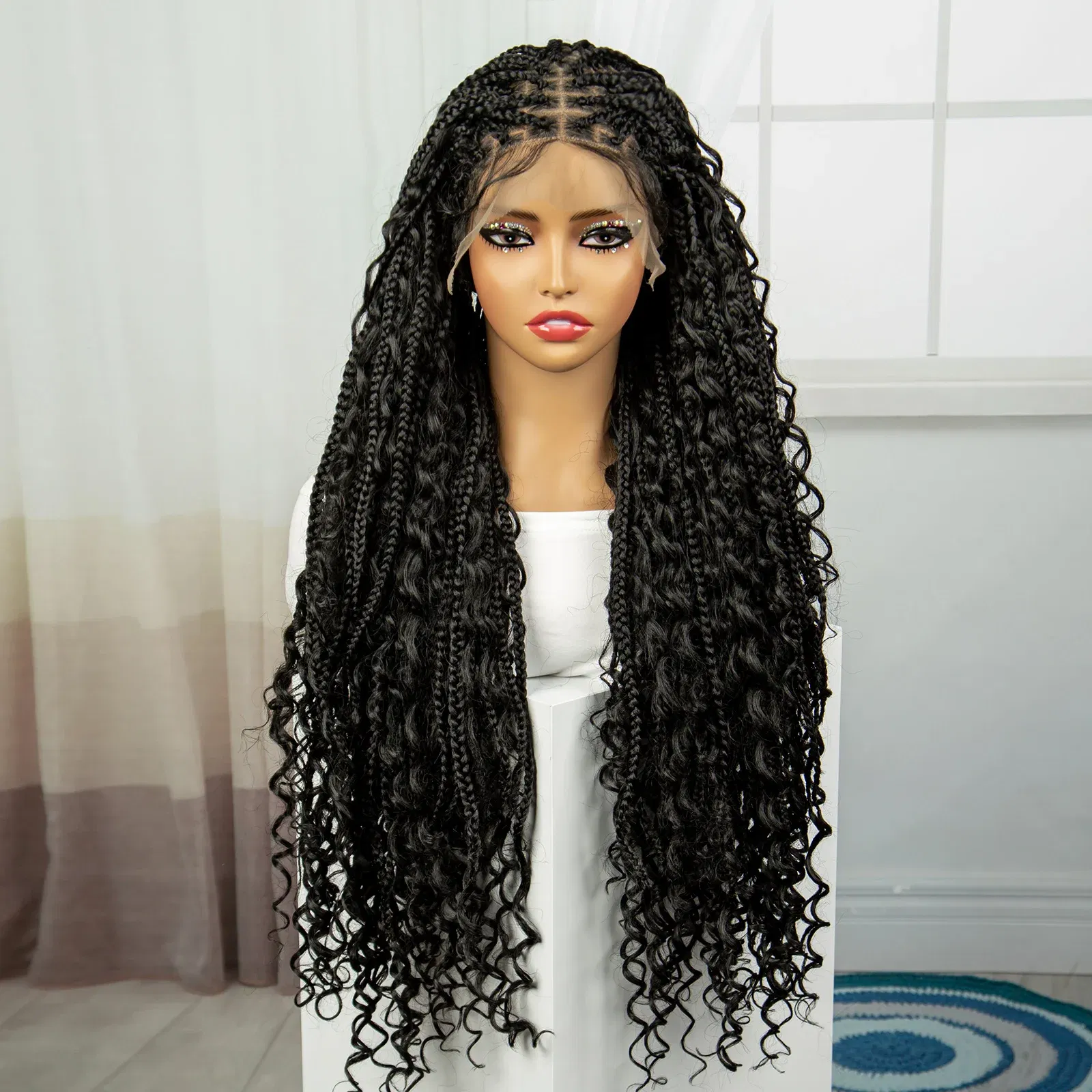 Color: #1, Ships From: CHINA, Wig Length: 36inches - 36" Knotless Box Boho Braided Wigs With Curly Ends Synthetic Lace Front Bohemian Braided Lace Wig with Baby Hair for Black Women