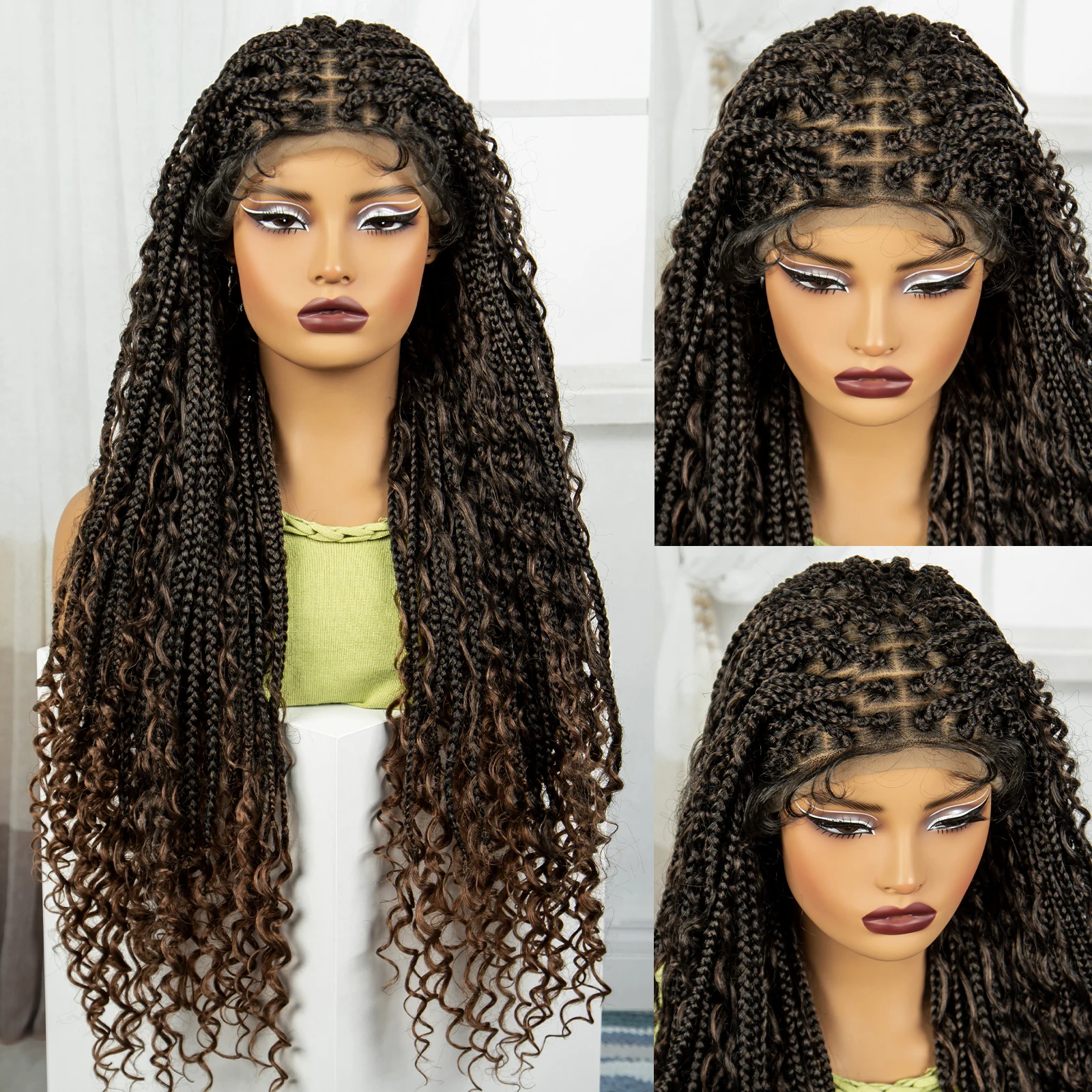 Color: #1, Ships From: CHINA, Wig Length: 36inches - 36" Knotless Box Boho Braided Wigs With Curly Ends Synthetic Lace Front Bohemian Braided Lace Wig with Baby Hair for Black Women