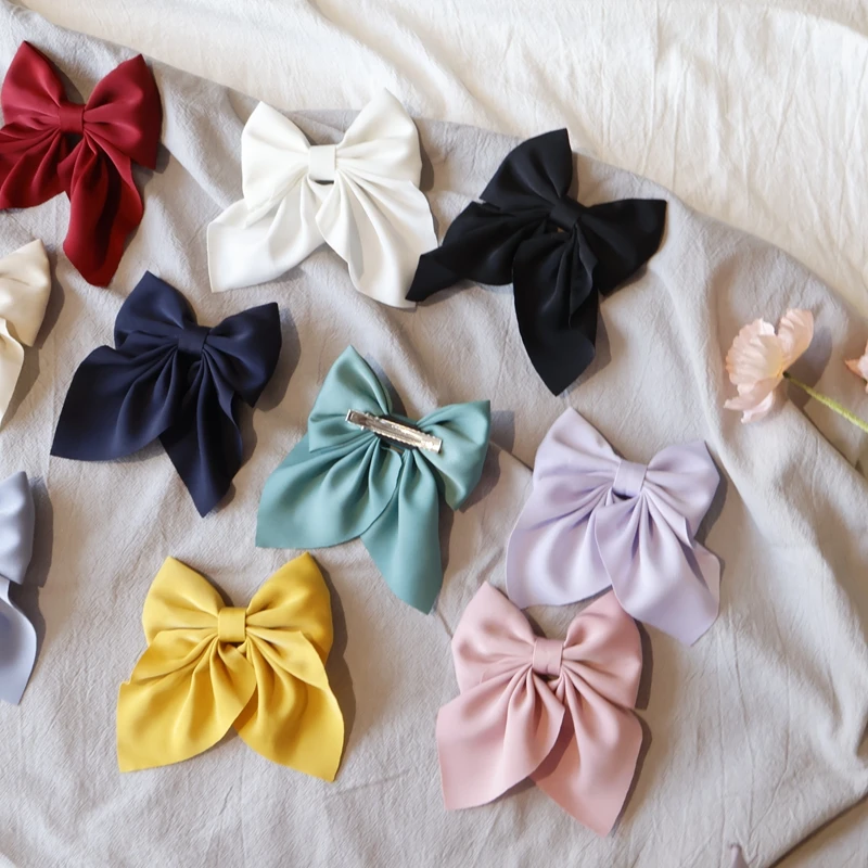 Color: Blue - Elegant Bow Ribbon Hair Clip Fashion Simple Solid Satin Spring Clip Hair Pin Retro Headband with Clips Girls Hair Accessories
