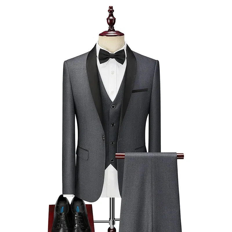 Color: Dark Grey, Size: M - Shenrun Men Tuxedo Slim Fit Fashion Suit Wedding Shawl Lapel 3 Pieces Skinny Single Breasted Jacket Party Prom Singer Costume