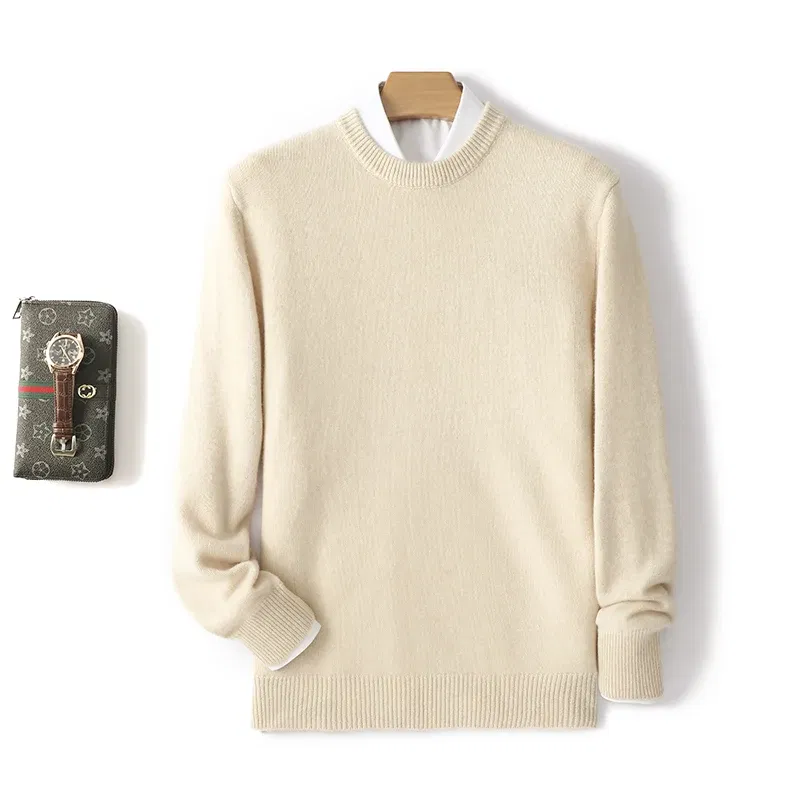 Color: Beige, Size: XL, Ships From: CHINA - Men's 100% Pure Wool Cashmere Sweater O-Neck Pullover Knit Sweater Autumn and Winter New Long Sleeve High-End Jumpers Thick Tops