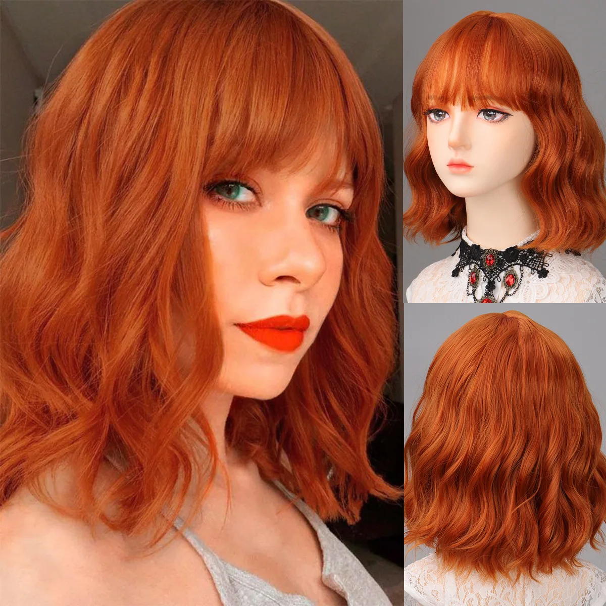 Color: #8 - Fashionable orange synthetic wig with Liu seawater ripple daily wear cosplay party high temperature silk wig full head cover