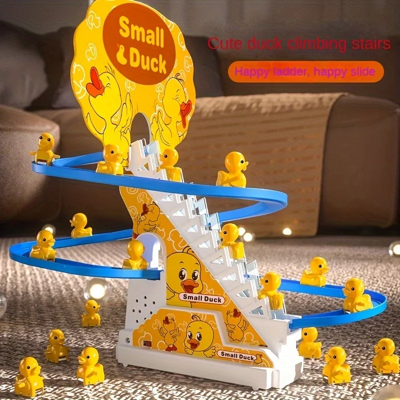 6pcs Ducklings Climbing Stairs Toy, Electric Slide Yellow Duck Toy Light And Music Toy easter gift halloween christmas gift