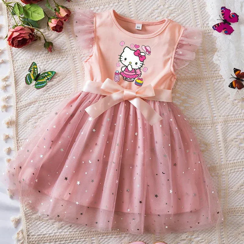 Color: Dark Grey, Kid Size: 9 - Hello Kitty Girls Sequin Tutu Dress with Bow Flutter Sleeves Summer Princess Party Outfit for Toddler Kids 2-6 Years