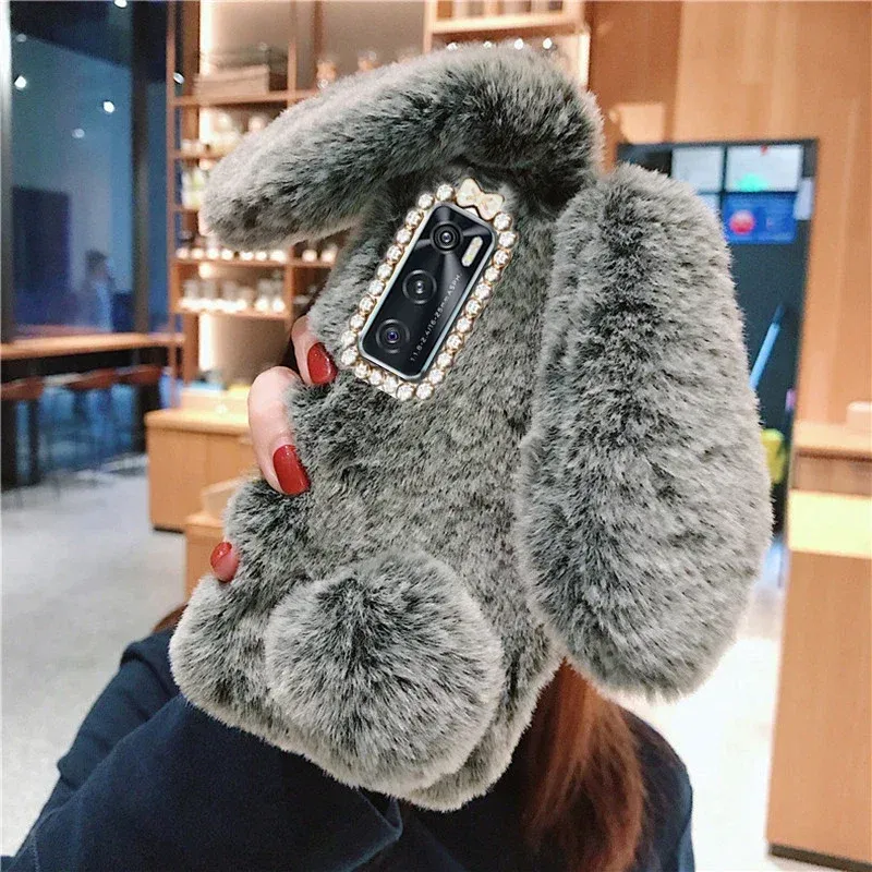 Color: Blue, Material: PVC - Warm Plush Rabbit Fluffy fur Cover for Samsung A15 A25 A35 A55 A14 A24 A34 A54 A13 A23 A33 A53 A12 A22 A32 A52 A51 Phone Case