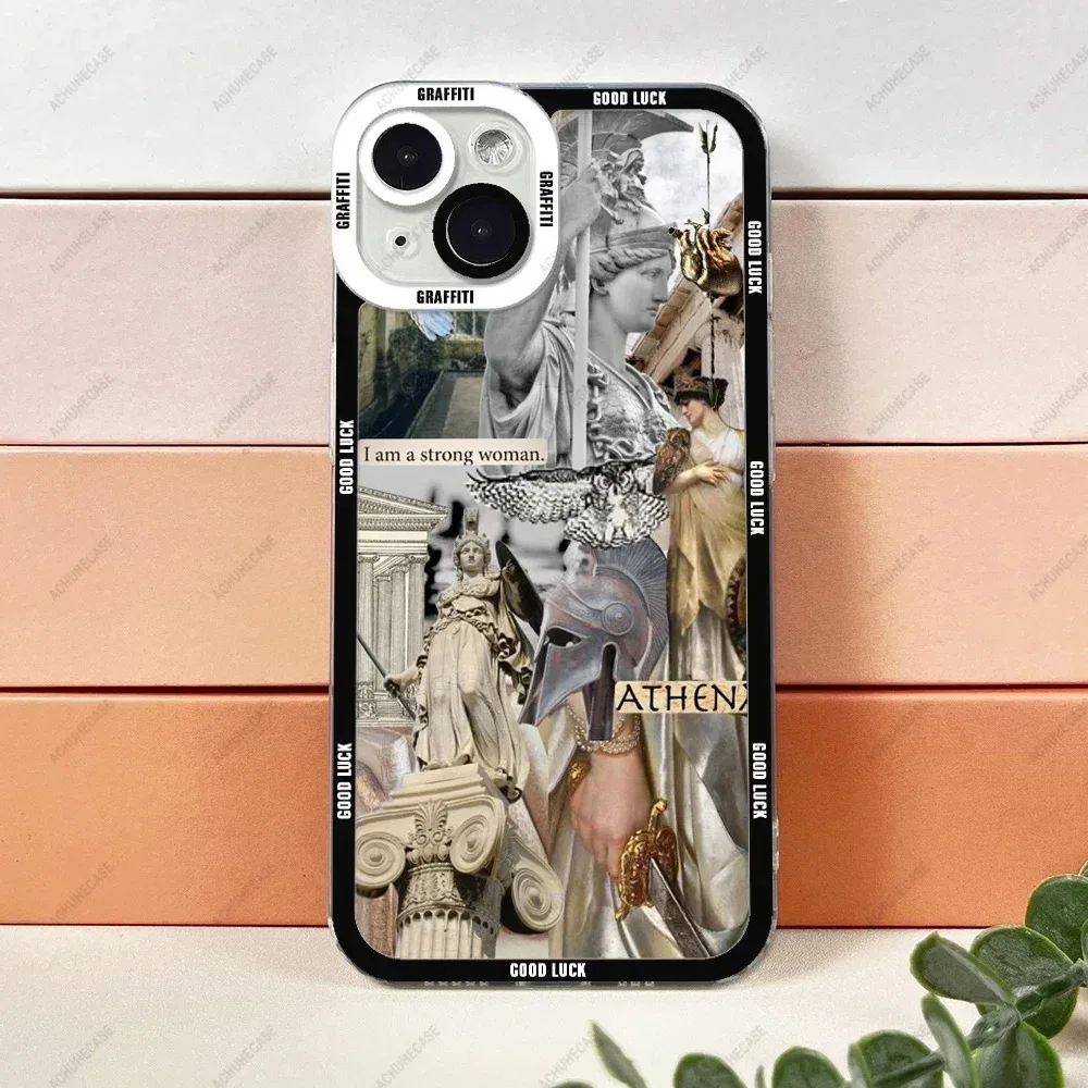 Color: Dark Grey, Material: Acrylic - Aesthetic Statue Art Phone Case For iPhone 16 15 14 13 12 11 Pro Max XS X XR Plus Mini Luxury Transparent Soft Funda
