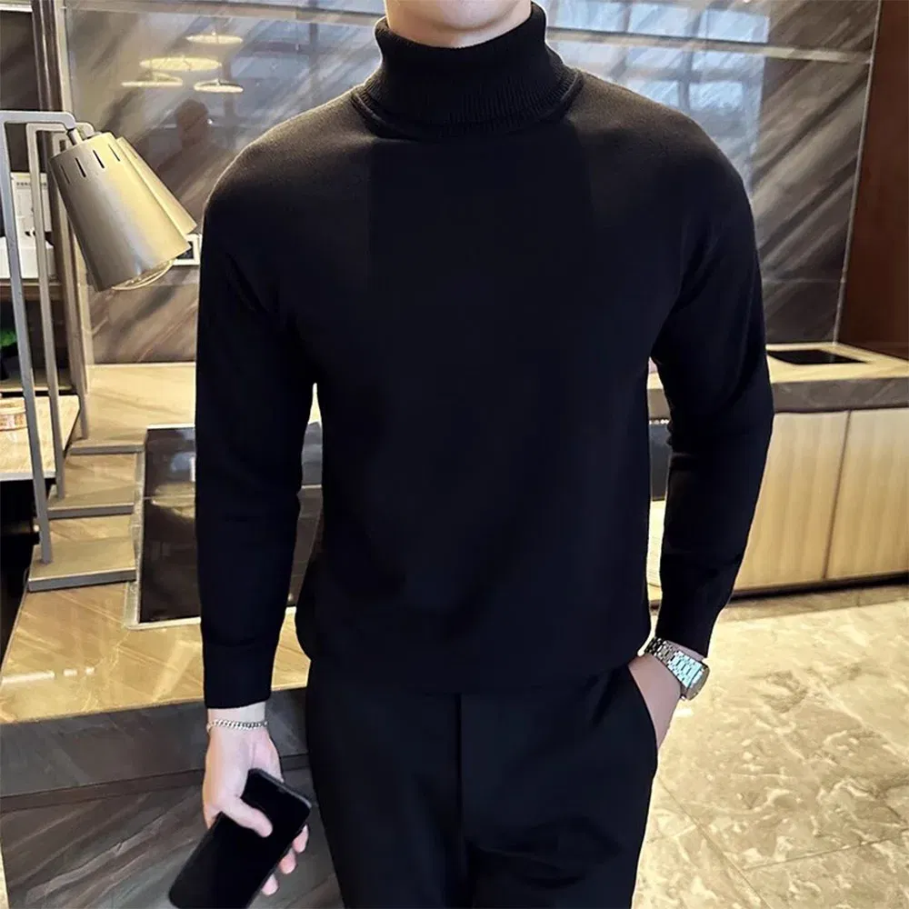 Color: black, Size: XXXL - Korean Fashion Autumn Winter Sweaters Men Pullovers Fleece Turtleneck Knitted Sweatshirt Warm Bottoming Shirts