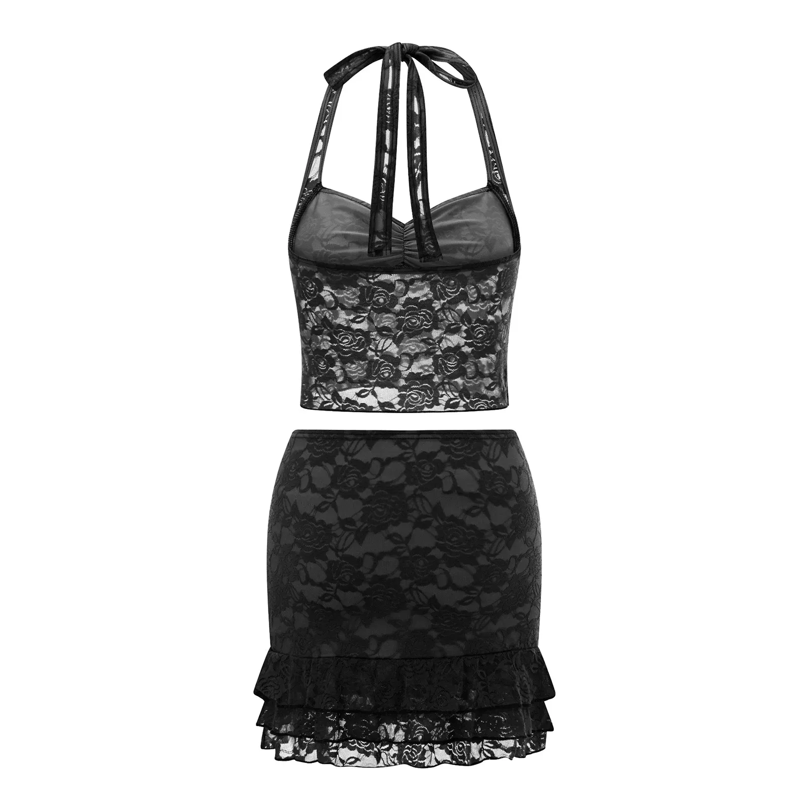 Color: Black, Size: XL - Women Summer Skirts Outfits Sexy Tie-Up Halter Neck Sleeveless Backless Lace Tank Tops Mini Skirts 2 Pieces Clothes Set Club