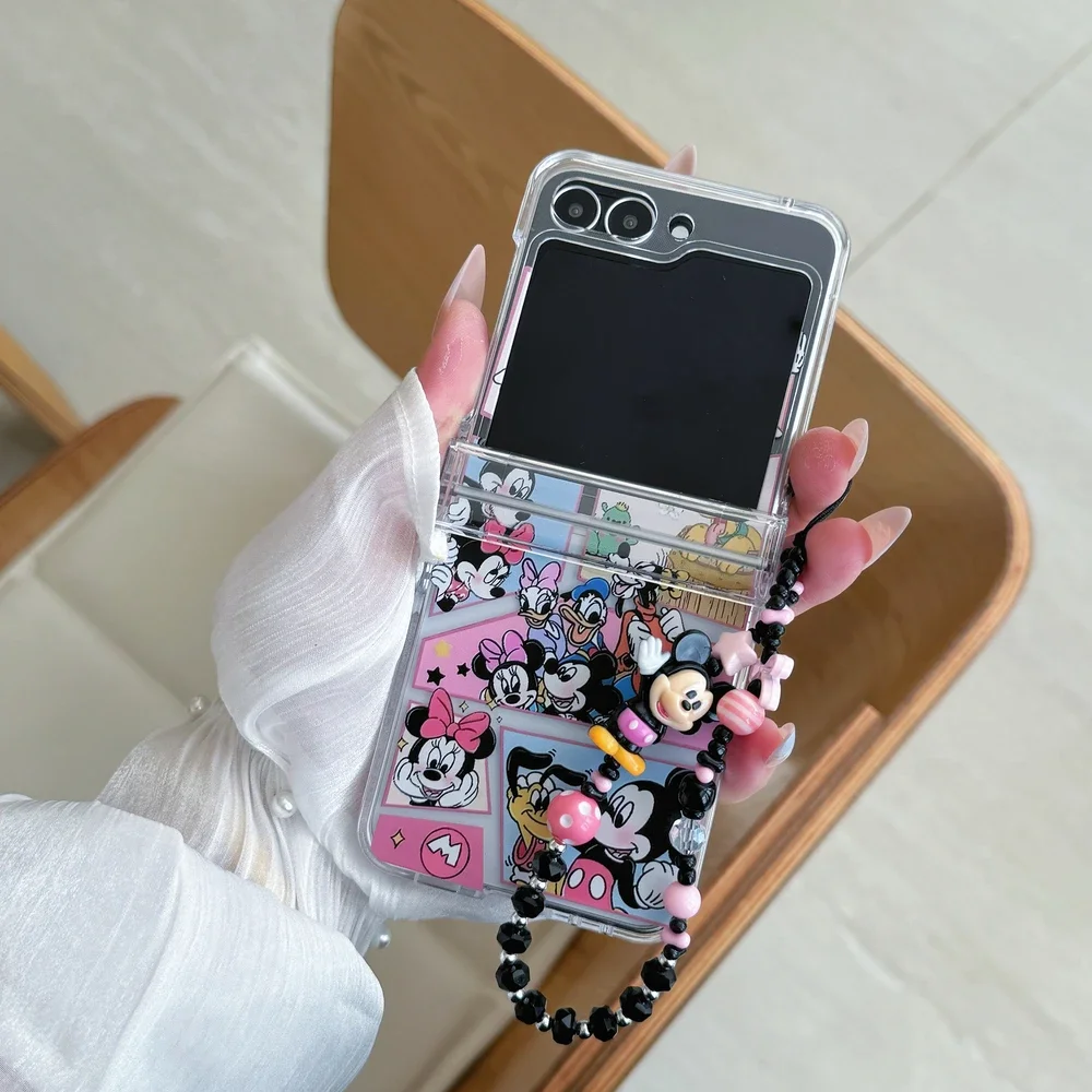 Material: Wood, Color: Beige - Cute Cartoon Disney Mickey Minnie Mouse Phone Case For Samsung Galaxy Z Flip 7 6 5 4 3 Stand Holder Case Hard Cover With Lanyard