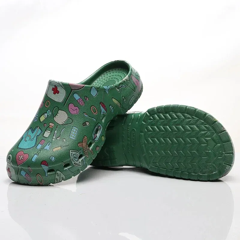 Color: Grass-Green, Shoe Size: 35-36 - Medical print Nurse Clogs EVA Surgical Slippers Lightweight Non-slip Doctor Scrub Clogs Dental Pet Clinic Nursing Clogs Y07-1