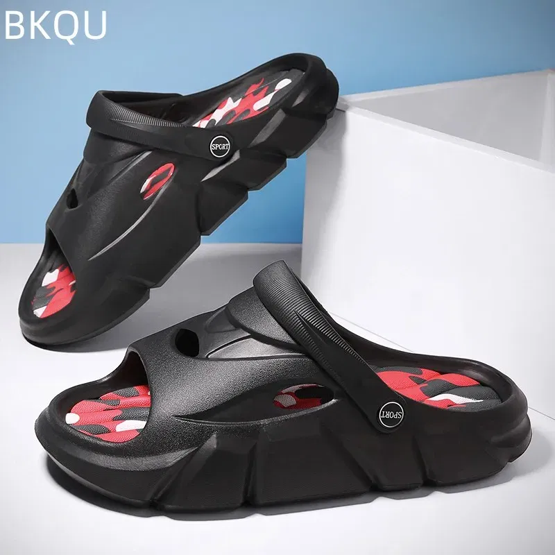 Color: Black, Shoe Size: 40 - Men's Beach Slippers Round Toe Lightweight Flat Bottom Waterproof Comfortable Trend Versatile Breathable Non-slip Large Size