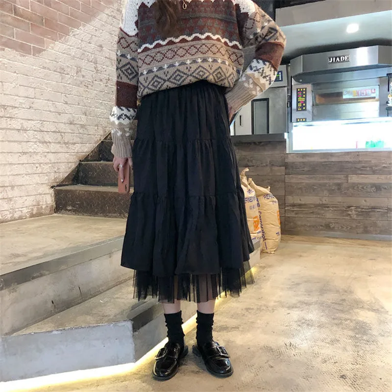 Color: black, Size: M - Long Tulle Midi Skirts Womens  Autumn Elastic High Waist Mesh Tutu Pleated Skirts Female Black White Long Skirt Streetwear