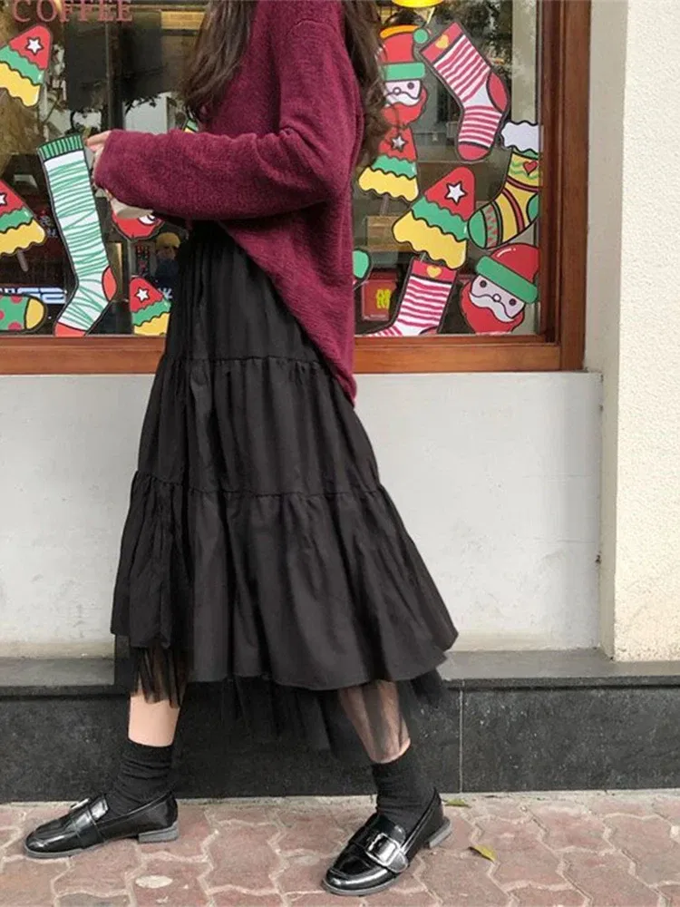 Color: black, Size: M - Long Tulle Midi Skirts Womens  Autumn Elastic High Waist Mesh Tutu Pleated Skirts Female Black White Long Skirt Streetwear