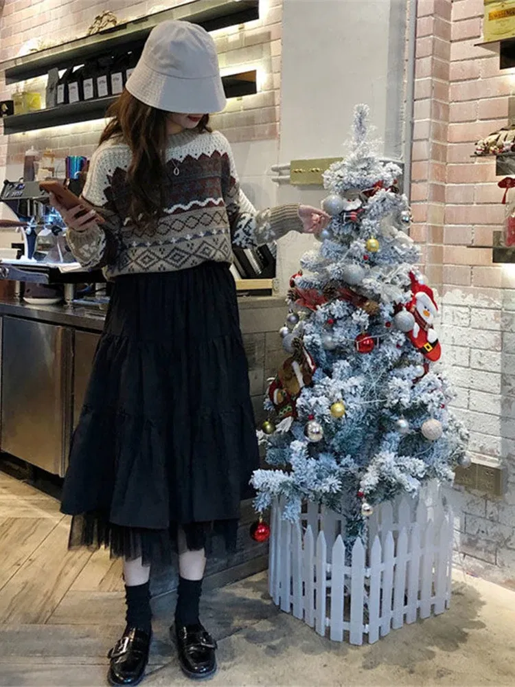 Color: black, Size: M - Long Tulle Midi Skirts Womens  Autumn Elastic High Waist Mesh Tutu Pleated Skirts Female Black White Long Skirt Streetwear