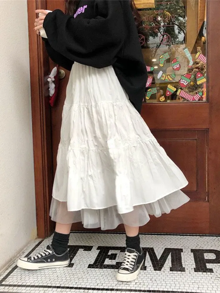 Color: black, Size: M - Long Tulle Midi Skirts Womens  Autumn Elastic High Waist Mesh Tutu Pleated Skirts Female Black White Long Skirt Streetwear