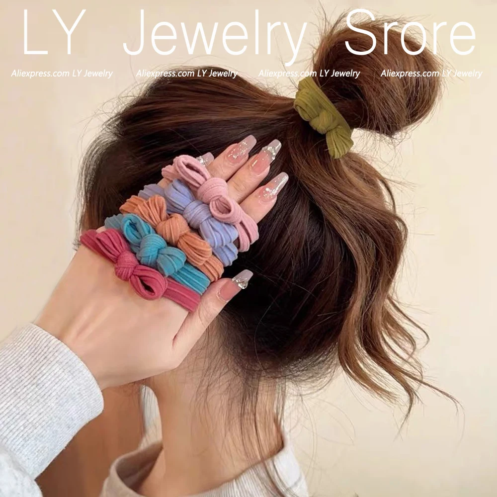 Color: Dark Grey - 5pcs/Set Candy Color Bow Hair Rope High Elastic Seamless Rubber Band For Women Girls Ponytail Holder Summer BB Hair Ties Ring