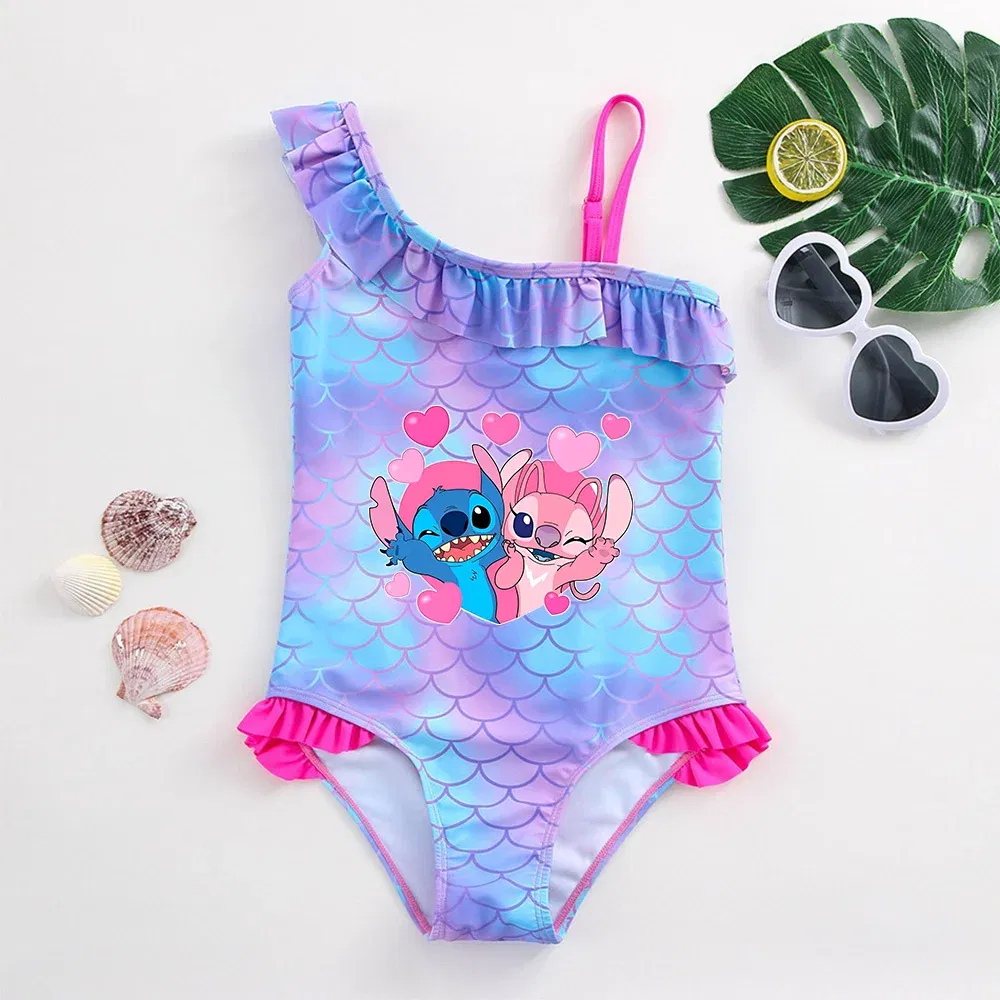 Color: Champagne, Size: M - Stitch Girls Swimsuit Fashion Mermaid Fish Scale One-Piece Bathing Suits Children's Dresses Summer Swimwear Beach Suit Kids Wear
