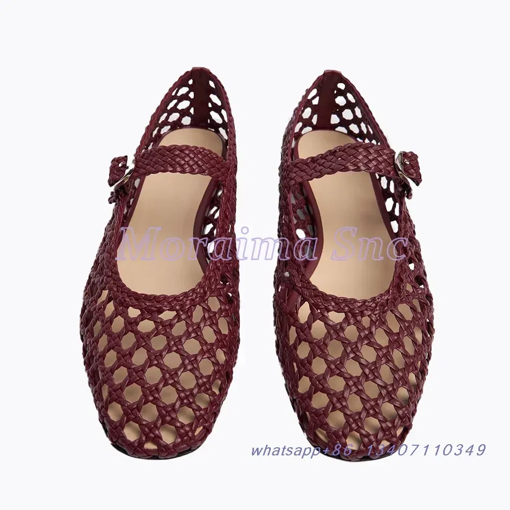 Color: wine red, Shoe Size: 36 - Hollow Woven Leather Ballet Shoes Flat With Round Toe Ankle Buckle Strap Fashion Shallow Women Shoes Mary Janes Summer New 2025